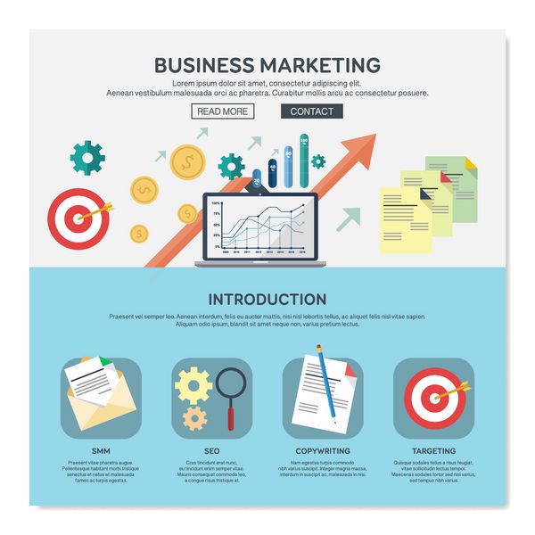 قالب طراحی وب یک صفحه ای با خدمات بازاریابی تجاری مانند smm یا seo گرافیک طراحی مسطح چیدمان عناصر وب سایت وکتور