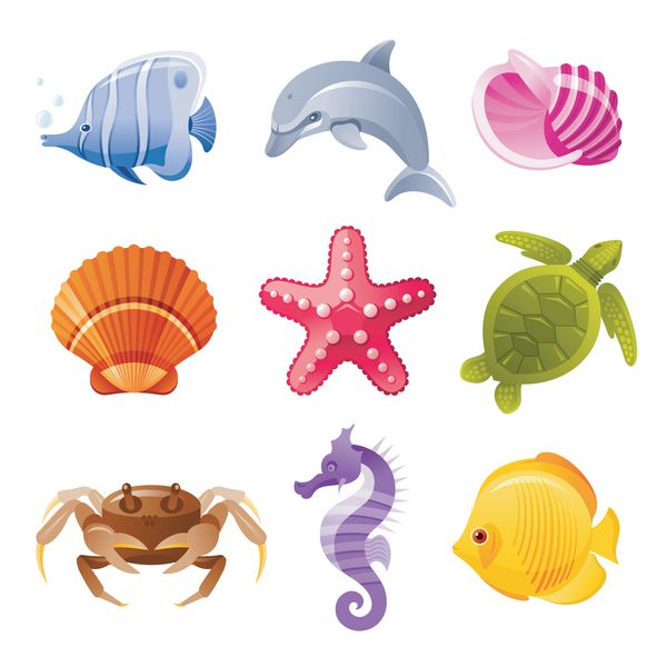 مجموعه آیکون کارتونی رنگارنگ از حیوانات دریایی