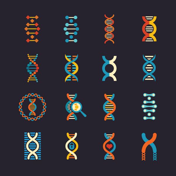 مجموعه آیکون های تخت بردار ژنتیکی DNA علامت بیوتکنولوژی DNA تصویر مولکول DNA ساختار