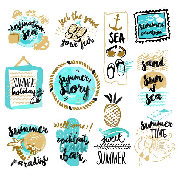 مجموعه ای از نشان ها و برچسب های تابستانی با آبرنگ طراحی شده با دست تصاویر وکتور برای تعطیلات تابستانی سفر و تعطیلات رستوران و بار منو دریا و آفتاب تعطیلات ساحلی و مهمانی
