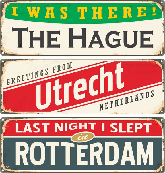 مجموعه تابلوهای قلع قدیمی با نام شهرهای هلند