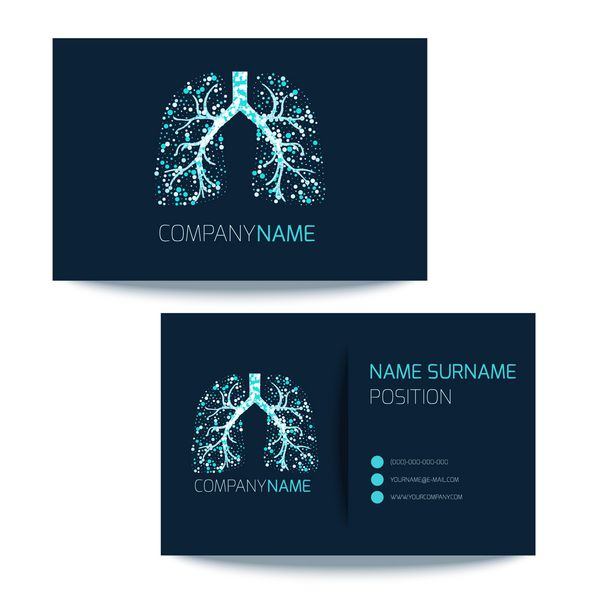 الگوی کارت ویزیت پزشکی با ریه های پر از حباب های هوا در پس زمینه تیره طراحی گرافیک وکتور لوگو ریه برای کلینیک های ریه و مراکز درمانی کارت پزشکی هویت شرکتی