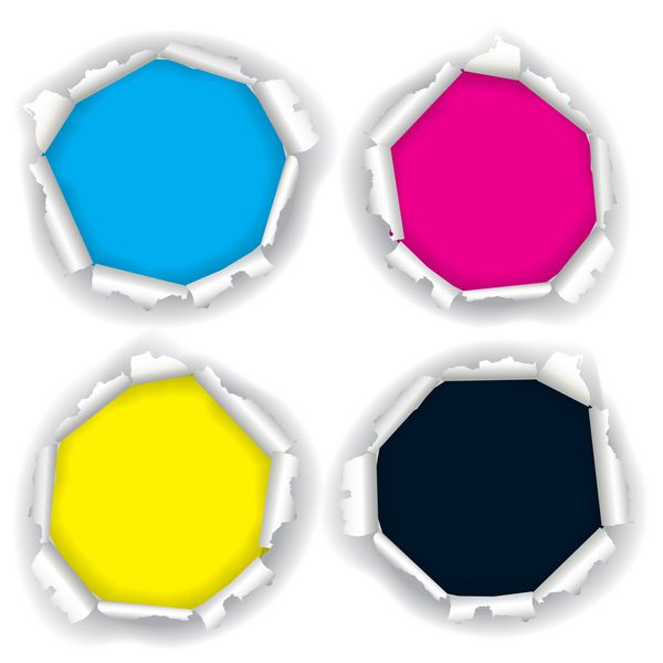سوراخ های کاغذ پاره شده با رنگ های چاپی تصویر چهار سوراخ کاغذ سفید پاره شده با رنگ های چاپی مفهومی برای ارائه چاپ رنگی وکتور موجود