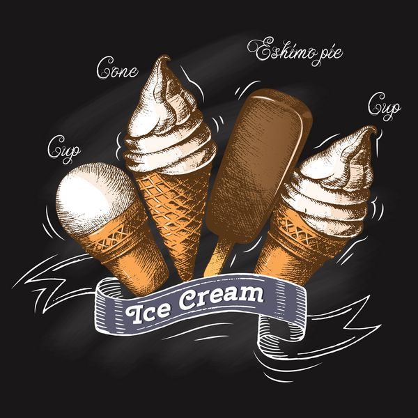 مجموعه ای از برچسب ها با بستنی های مختلف روی نقاشی سیاه و سفید با دست آزاد طرح فصل تابستان منوی رستوران و کافه تصویر نقاشی شده به سبک گرافیکی