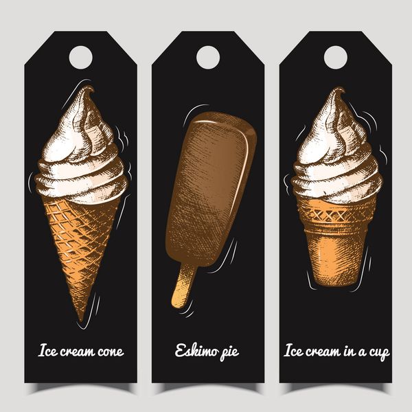 مجموعه ای از برچسب ها با بستنی های مختلف روی نقاشی سیاه و سفید با دست آزاد طرح فصل تابستان منوی رستوران و کافه تصویر نقاشی شده به سبک گرافیکی