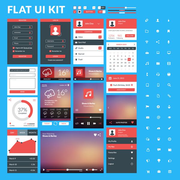 مجموعه ای از عناصر رابط کاربری طراحی مسطح برای وب سایت و برنامه های تلفن همراه وکتور آیکون ها دکمه ها عناصر وب