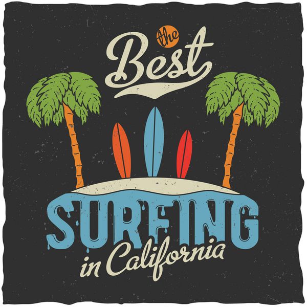 بهترین موج سواری در طراحی لیبل کالیفرنیا با کف دست و تخته موج سواری طراحی آماده برای تی شرت پوستر کارت تبریک و غیره