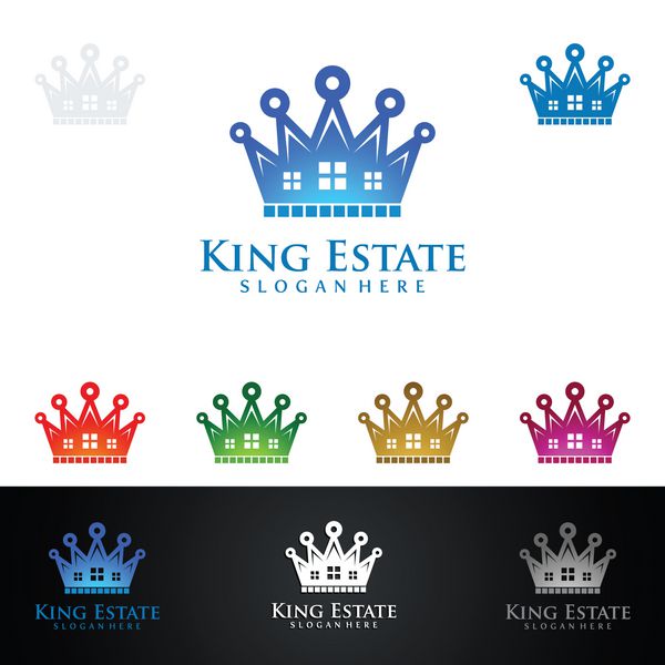 طراحی لوگو وکتور املاک ساده با خط و شکل تاج نشان دهنده پادشاه املاک و مستغلات است