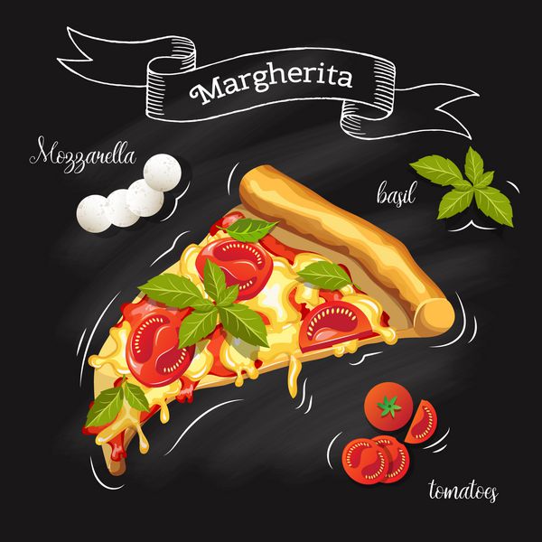 تکه ای از پیتزا مارگریتا با مواد تشکیل دهنده گوجه فرنگی موزارلا ریحان و پیتزا روی تخته سیاه تصویر برای منو گرافیک برداری