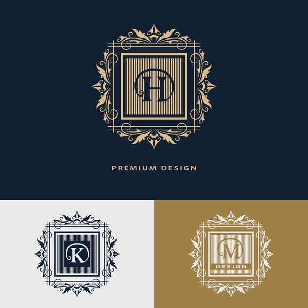 الگوی لوگوی لوکس خطوط تزئینی زیبای خوشنویسی را شکوفا می کند حرف H K M علامت تجاری هویت برای رستوران سلطنتی بوتیک هتل هرالدیک جواهرات مد وکتور