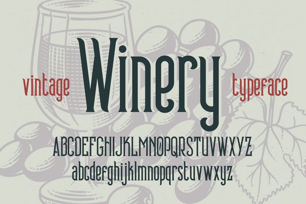 حروف کلاسیک به نام شراب سازی وینتیج فونت فشرده بر روی پس زمینه حکاکی شده روشن