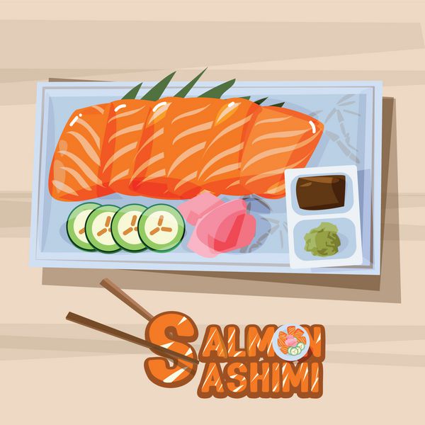 ساشیمی سالمون در بشقاب با مفهوم آشپزی ژاپنی با طراحی تایپوگرافی - وکتور