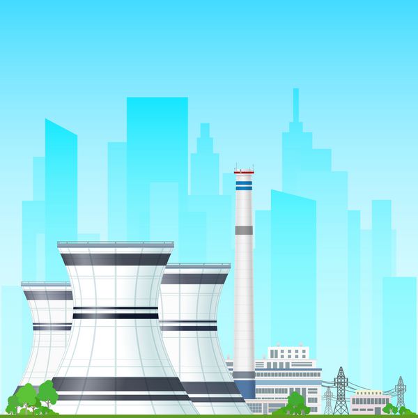 نیروگاه هسته ای در پس زمینه شهر نیروگاه حرارتی راکتور هسته ای و خطوط برق نیروگاه هسته ای برق شهر را تامین می کند وکتور