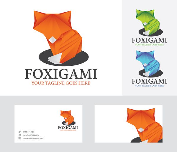 لوگوی وکتور اوریگامی فاکس با رنگ های جایگزین و قالب کارت ویزیت