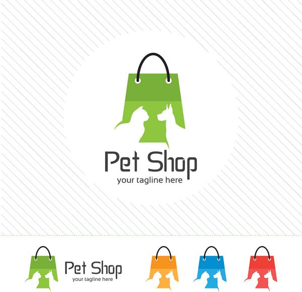 وکتور طراحی لوگو پت شاپ گربه و سگ با کیف خرید