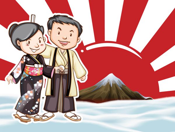 زوج ژاپنی با پس‌زمینه نمای کوه