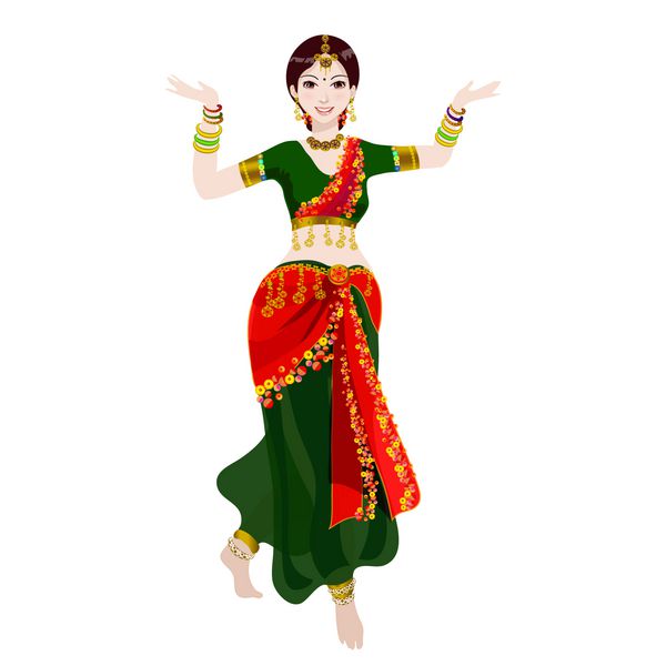 جوان هندی رقص ملی می رقصد او در لباس رقص رنگ های سبز و قرمز لباس پوشیده است دست هایش بالا رفته است