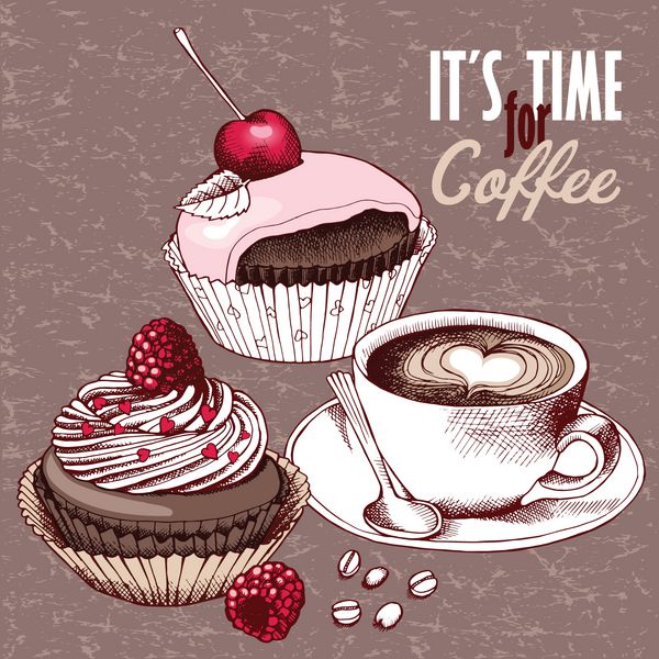 پوستری با تصویر یک فنجان قهوه کیک شکلاتی گیلاس و توت فرنگی در رنگ های صورتی-بژ وکتور