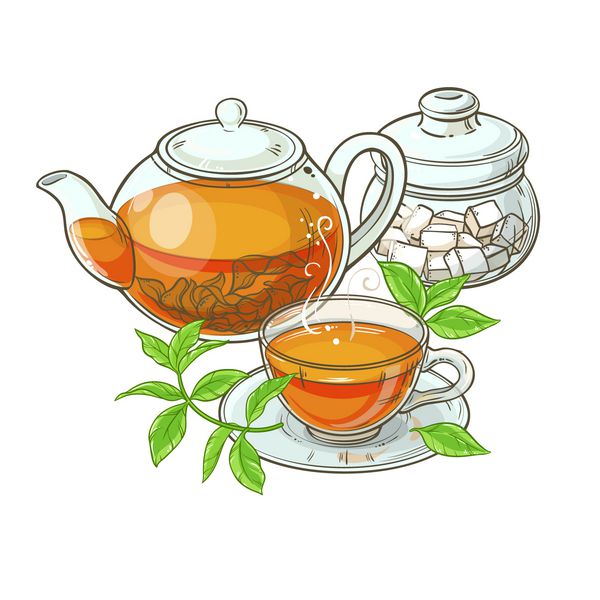 فنجان چای قوری کاسه قند و برگ چای