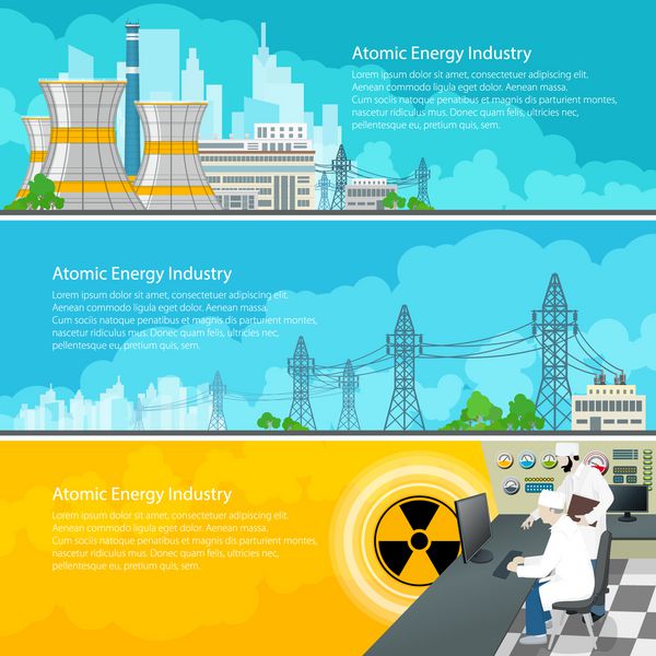 بنرهای افقی نیروگاه هسته ای با متن راکتور هسته ای و خطوط برق نیروگاه هسته ای برق شهر را تامین می کند افراد نزدیک به تابلوی کنترل در نیروگاه حرارتی وکتور