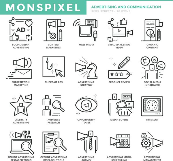 مجموعه آیکون های خط نازک تخت از تبلیغات و ارتباطات نمادهای پیکسل کامل مفهوم لوگوی وکتور بسته پیکتوگرام تک خطی ساده برای گرافیک وب