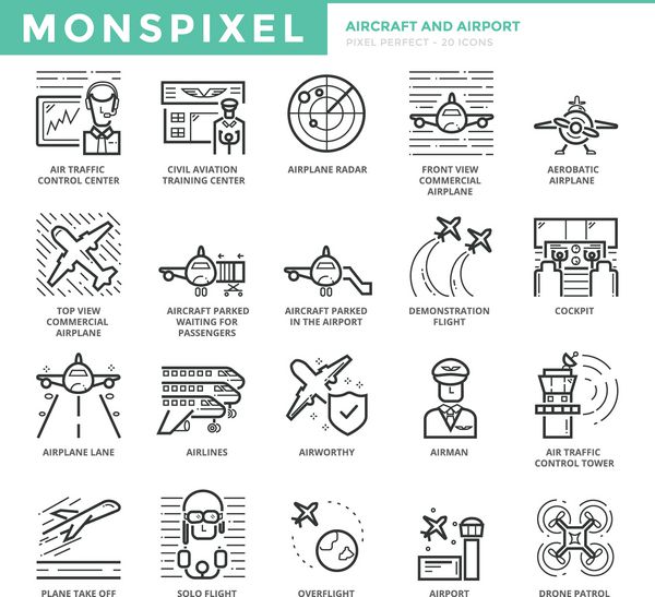 مجموعه آیکون های خط نازک تخت از هواپیما و فرودگاه نمادهای پیکسل کامل مفهوم لوگوی وکتور بسته پیکتوگرام تک خطی ساده برای گرافیک وب