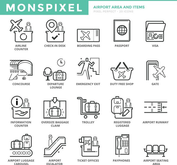 مجموعه آیکون های خط نازک تخت از منطقه و اقلام فرودگاه نمادهای پیکسل کامل مفهوم لوگوی وکتور بسته پیکتوگرام تک خطی ساده برای گرافیک وب
