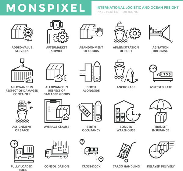 مجموعه آیکون های خط نازک تخت از حمل و نقل بین المللی لجستیک و اقیانوس نمادهای پیکسل کامل مفهوم لوگوی وکتور بسته پیکتوگرام تک خطی ساده برای گرافیک وب