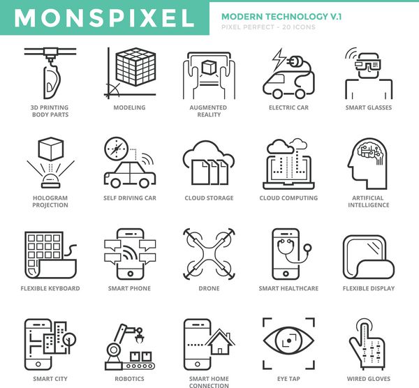 مجموعه آیکون های خط نازک تخت از فناوری مدرن نمادهای پیکسل کامل مفهوم لوگوی وکتور بسته پیکتوگرام تک خطی ساده برای گرافیک وب