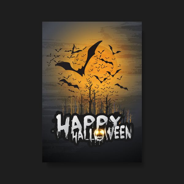 کارت بروشور یا قالب جلد مبارک هالووین - پرواز خفاش ها بر فراز جنگل های پاییزی و موجودی شبح وار با چشمان درخشان - وکتور