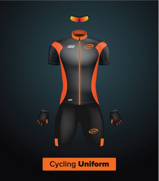 الگوی واقعی دوچرخه سواری بردار مشکی و نارنجی ماکت برندینگ لباس و تجهیزات دوچرخه یا دوچرخه کیت مخصوص - پیراهن آستین کوتاه دستکش و عینک آفتابی نمای جلویی
