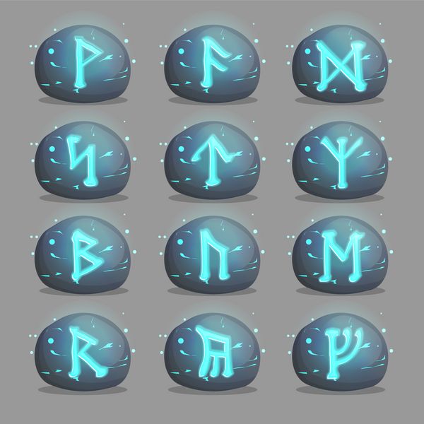 مجموعه ای از سنگ های رونیک جادویی با نشانه ها و حروف اسرارآمیز سلتی که در داخل آنها می درخشد طراحی عناصر و آیکون ها برای بازی ها و برنامه های جستجو و ماجراجویی