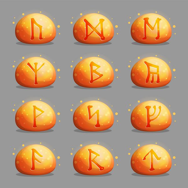 مجموعه ای از سنگ های رونیک جادویی با نشانه ها و حروف اسرارآمیز سلتی که در داخل آنها می درخشد طراحی عناصر و آیکون ها برای بازی ها و برنامه های جستجو و ماجراجویی