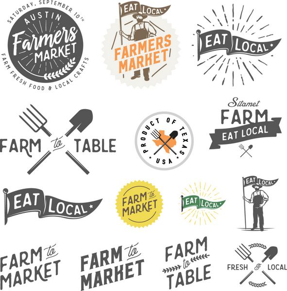 مزرعه قدیمی و کشاورزان برچسب ها نشان ها نشان ها و عناصر طراحی را به بازار عرضه می کنند