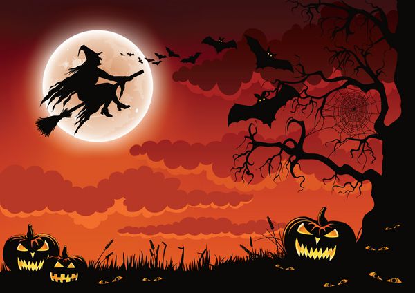 صحنه هالووین با کدو تنبل خفاش و جادوگری شرور که روی چوب جاروش پرواز می کند