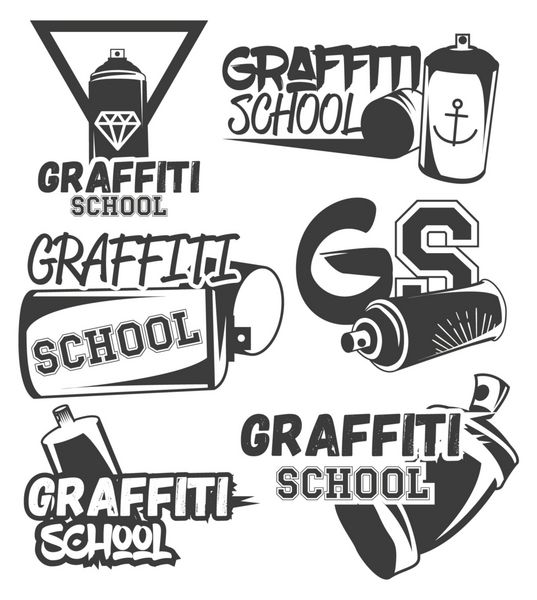 مجموعه وکتور برچسب مدرسه گرافیتی در سبک قدیمی قدیمی عناصر طراحی هنر خیابانی نمادها لوگو قوطی اسپری