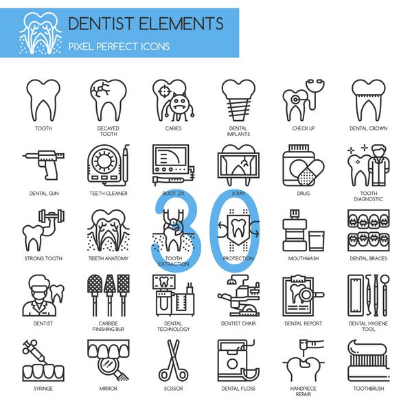 عناصر دندانپزشک خط نازک و نمادهای پیکسل کامل