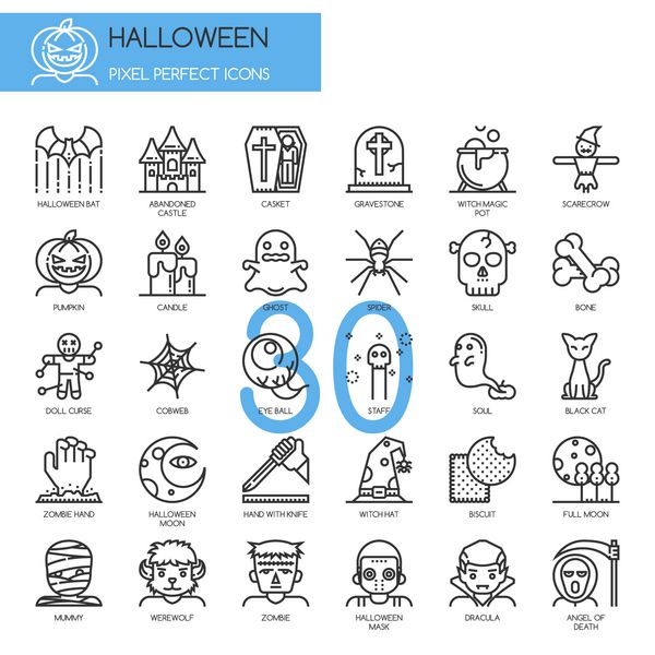 هالووین خطوط نازک و نمادهای پیکسل کامل