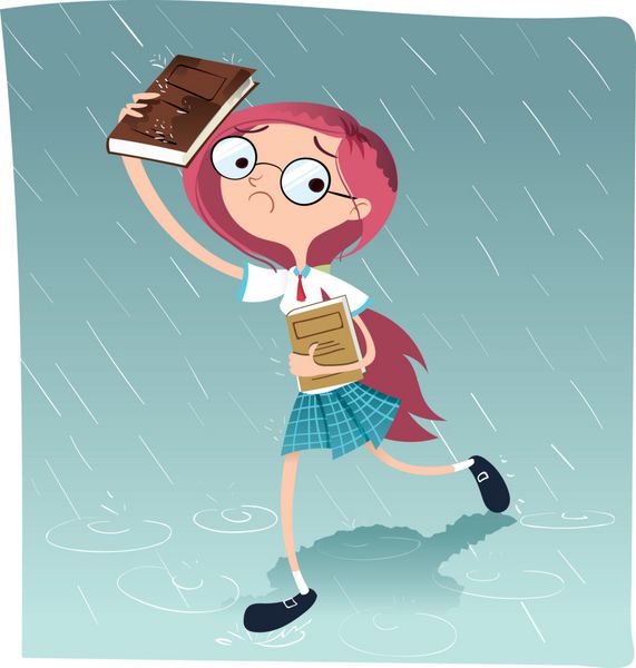 راه رفتن دختر مدرسه ای زیر باران