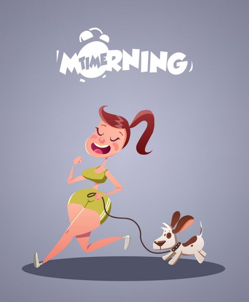 زندگی صبحگاهی روزانه دویدن دختر شاد با سگش وکتور