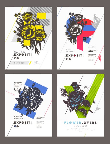مجموعه ای از قالب های طرح بندی برای پوستر بروشور بروشور طراحی مدرن تمیز با ترکیب گل های رنگارنگ وکتور