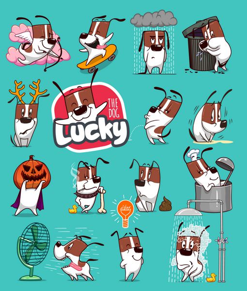 مجموعه استیکر شکلک های سگ کارتونی Emoji تصاویر استوک وکتور