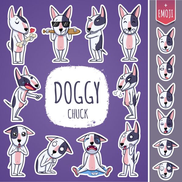 شخصیت سگ کارتونی برچسب های شکلک با احساسات متفاوت وکتور