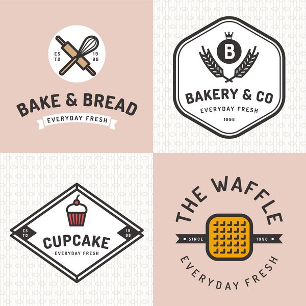 مجموعه ای از نشان ها بنرها برچسب ها آرم ها نمادها اشیاء و عناصر برای مغازه نانوایی با الگوی بدون درز وکتور