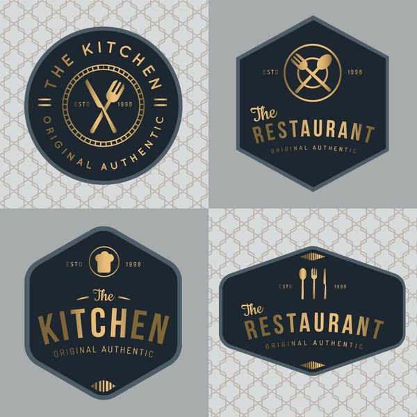 مجموعه ای از نشان ها بنر برچسب ها و لوگوهای رستوران غذا فروشگاه غذا و پذیرایی به رنگ طلایی با طرح بدون درز عناصر طراحی وکتور