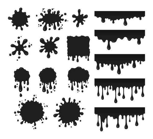 مجموعه وکتور قطرات جوهر مجموعه ای از لکه ها پاشش ها و لکه ها پاشش سیاه جدا شده در پس زمینه سفید
