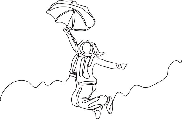 نقاشی خط ممتد زن شاد پرش با چتر