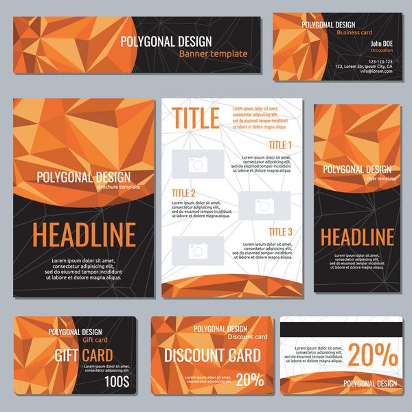 بروشورها و کارت‌های آگهی‌های تبلیغاتی با عناصر چند ضلعی نارنجی الگوی وکتور هویت شرکتی