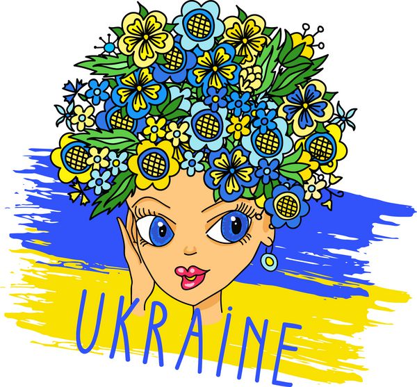 صورت زن با دست کشیده با موهای انتزاعی به صورت دسته گل مجلل به شکل دایره دختر اوکراینی