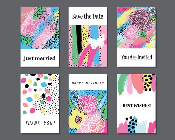 مجموعه ای از الگوهای کارت های جهانی خلاقانه با دست کشیده با گل و قلم مو عروسی سالگرد تولد ولنتاین مهمانی پوستر دعوت نامه پلاکارد بروشور بروشور کسب و کار